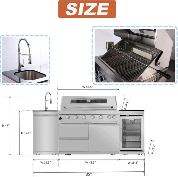 Outdoor Kitchen Island Built for Large-Scale Entertaining, 6-Burner 85000 BTU, Wine Cooler, Granite Top
