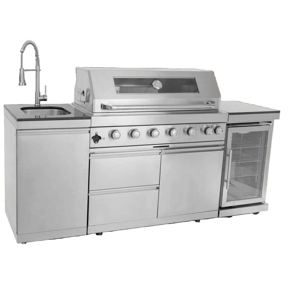 Outdoor Kitchen Island Built for Large-Scale Entertaining, 6-Burner 85000 BTU, Wine Cooler, Granite Top
