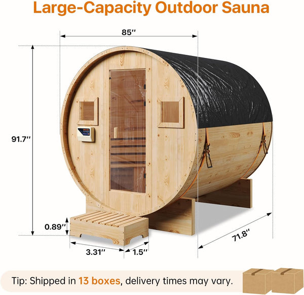 Outdoor Barrel Sauna Built for Year-Round Use, 4-6 Person Capacity, 6KW Electric Heater, Solid Wood Construction