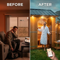 Outdoor Cedar Sauna Built for Home Wellness, 9kW Electric Heater, 4-6 Person Barrel Design, Wi-Fi Control Panel — Before & After