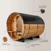 Outdoor Cedar Sauna Built for Home Wellness, 9kW Electric Heater, 4-6 Person Barrel Design, Wi-Fi Control Panel — infographic