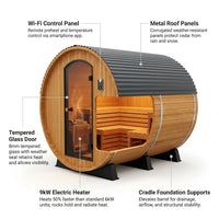 Outdoor Cedar Sauna Built for Home Wellness, 9kW Electric Heater, 4-6 Person Barrel Design, Wi-Fi Control Panel — How It Works