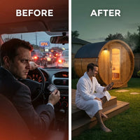Paxton 4-6 Person Traditional Cedar Outdoor Barrel Sauna with Electric Sauna Heater, Front Porch, Sauna Rocks, Dry Heat, Steam Sauna, LED Lights, Wi-Fi Panel, Sauna Accessories — Before & After