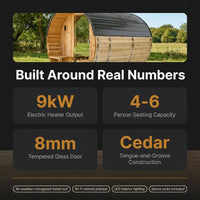 Paxton 4-6 Person Traditional Cedar Outdoor Barrel Sauna with Electric Sauna Heater, Front Porch, Sauna Rocks, Dry Heat, Steam Sauna, LED Lights, Wi-Fi Panel, Sauna Accessories — Results & Stats