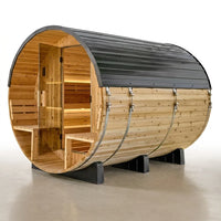 Paxton 4-6 Person Traditional Cedar Outdoor Barrel Sauna with Electric Sauna Heater, Front Porch, Sauna Rocks, Dry Heat, Steam Sauna, LED Lights, Wi-Fi Panel, Sauna Accessories — Studio Shot