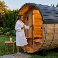 Paxton 4-6 Person Traditional Cedar Outdoor Barrel Sauna with Electric Sauna Heater, Front Porch, Sauna Rocks, Dry Heat, Steam Sauna, LED Lights, Wi-Fi Panel, Sauna Accessories — Lifestyle