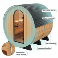 Paxton 4-6 Person Traditional Cedar Outdoor Barrel Sauna with Electric Sauna Heater, Front Porch, Sauna Rocks, Dry Heat, Steam Sauna, LED Lights, Wi-Fi Panel, Sauna Accessories — How It Works